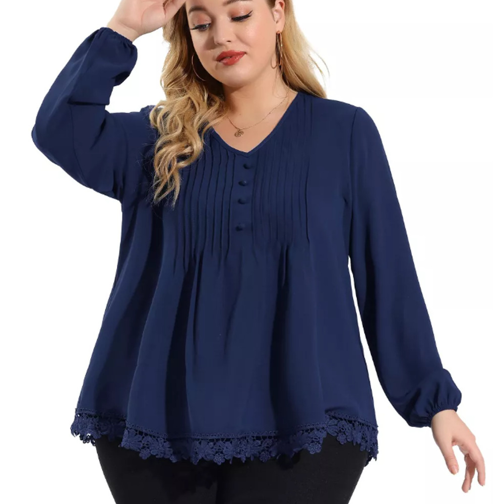 NWT Agnes Orinda NAVY Blue Pleated Lace Trim Top Blouse Woman's 1X‎ 18